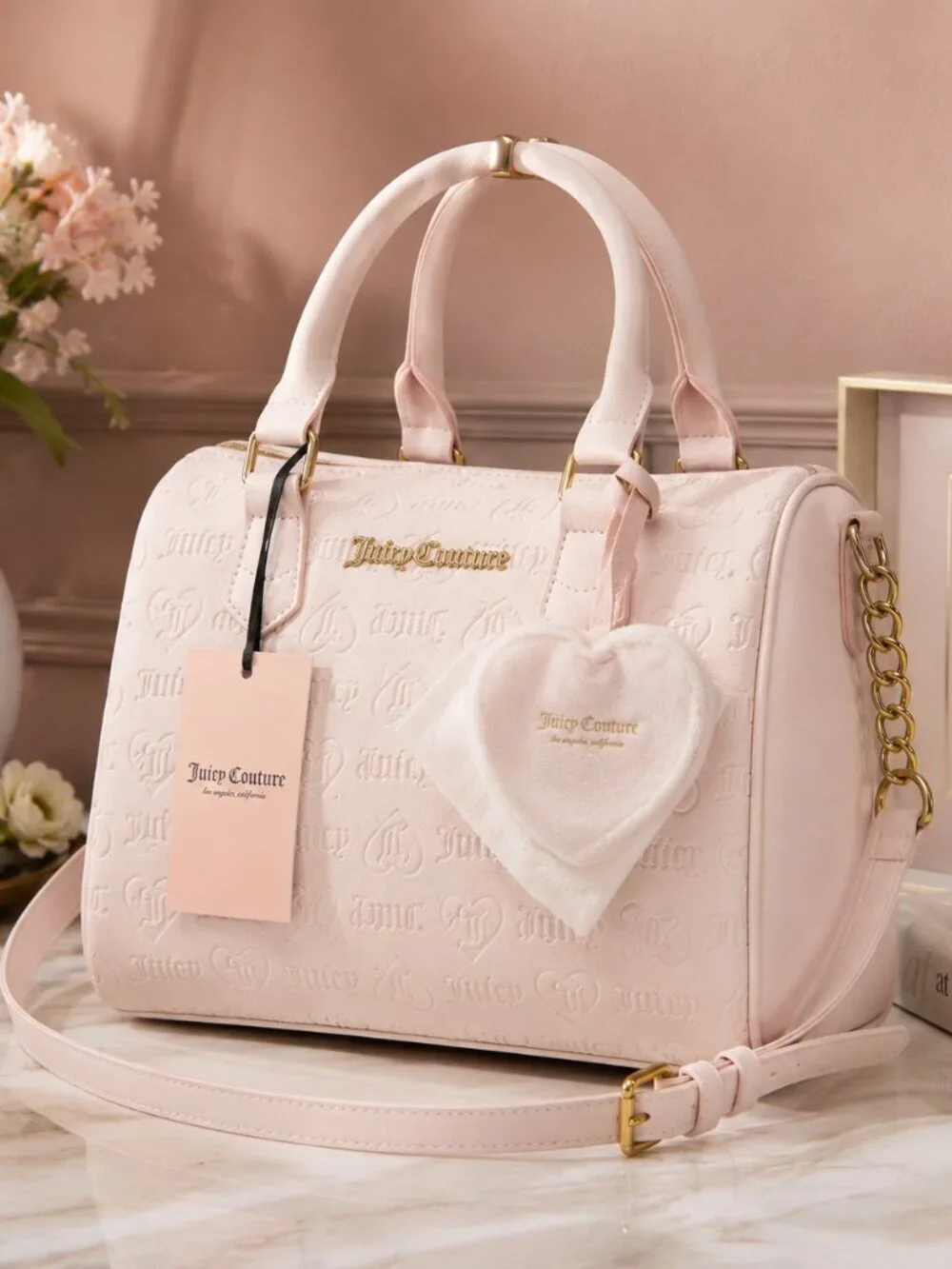 Juicy Couture Fame Pink Heart Embossed Satchel Crossbody Bag Charm NWT